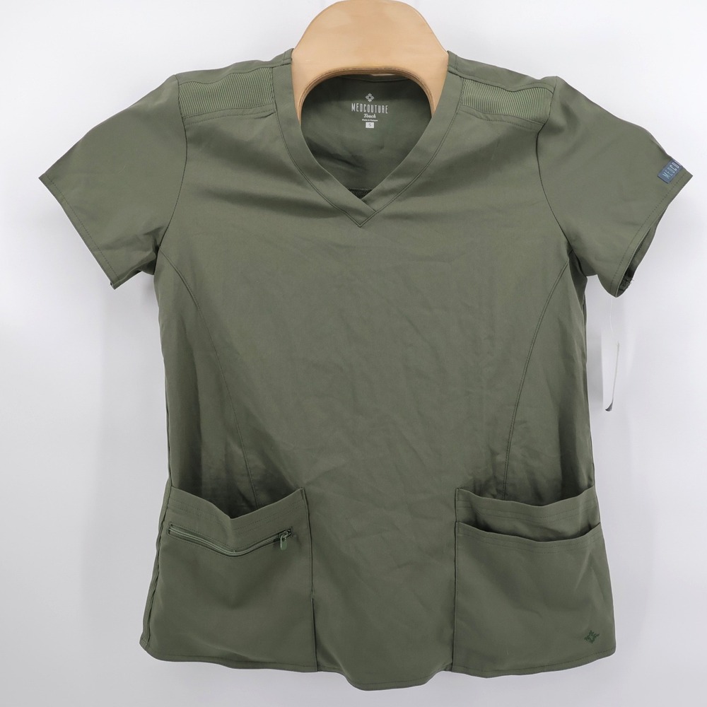 Med Couture Touch Performance Stretch Scrub Top Olive Short Sleeve Women S